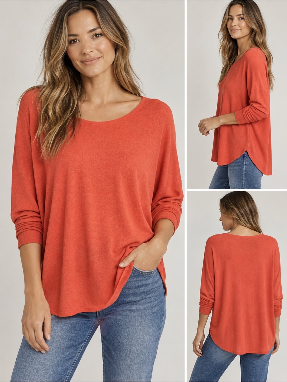 Eileen Fisher L Merino Wool Coral Scoop-Neck Long Sleeve Top